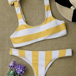 Striped tie shoulder blue and white bikini set